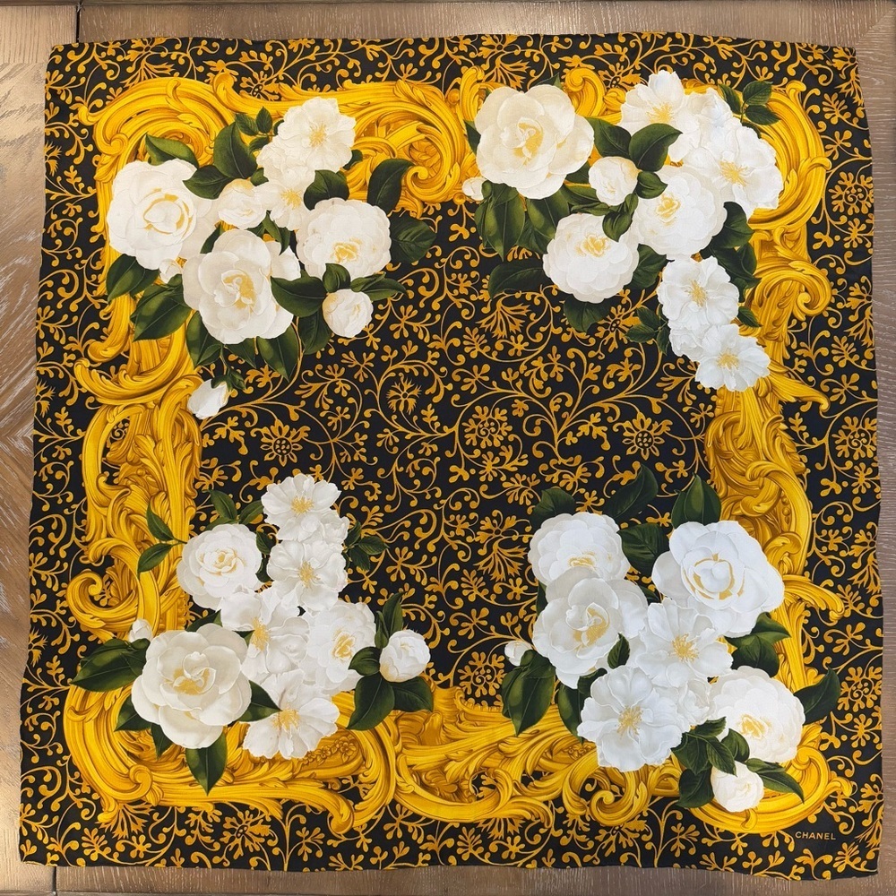 CHANEL Black, Gold & White Floral Silk Scarf